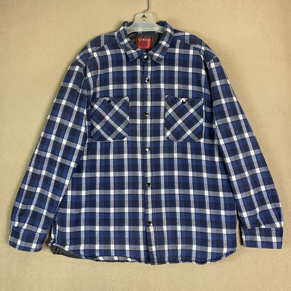 Big Mac Jacket Mens XL Blue Plaid Lined‎ Puffer Flannel Chest Pockets Snap Up